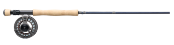 A fly fishing rod with a cork handle and an attached reel, positioned horizontally against a white background.